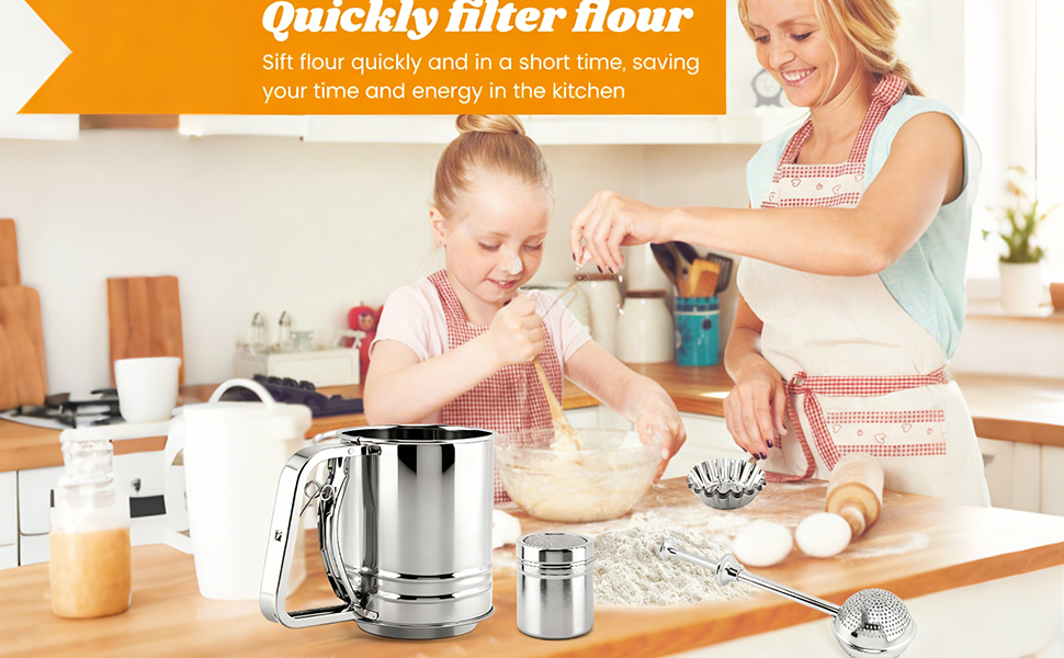 Flour Sifter, 4 in 1 Stainless Steel Baking Sifter with Powder Sugar Shaker Duster 3 Cup Double Layer Fine Mesh Sifter for Cakes, Pastries, Pies, Cupcakes and Desserts(COLOR:sliver)