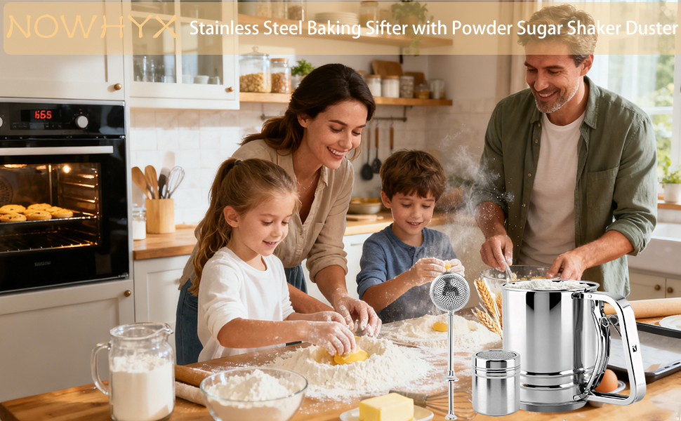Flour Sifter, 4 in 1 Stainless Steel Baking Sifter with Powder Sugar Shaker Duster 3 Cup Double Layer Fine Mesh Sifter for Cakes, Pastries, Pies, Cupcakes and Desserts(COLOR:sliver)