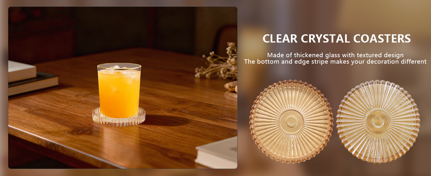 Round Modern Clear Coasters Set of 4, VIBRATITE 4 Inch Glass Cup Coaster Modern Crystal Coasters for Drinks Coffee Office Bar Kitchen Home Wedding Party Decor (Amber)