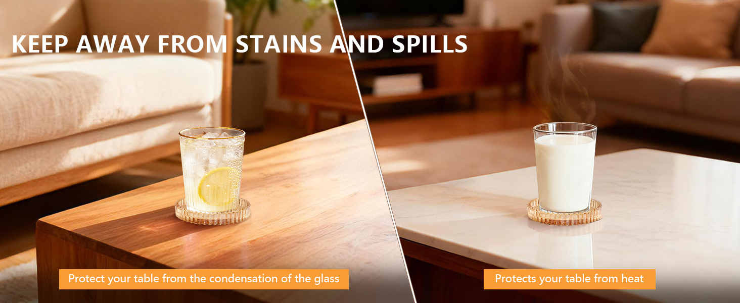 Round Modern Clear Coasters Set of 4, VIBRATITE 4 Inch Glass Cup Coaster Modern Crystal Coasters for Drinks Coffee Office Bar Kitchen Home Wedding Party Decor (Amber)