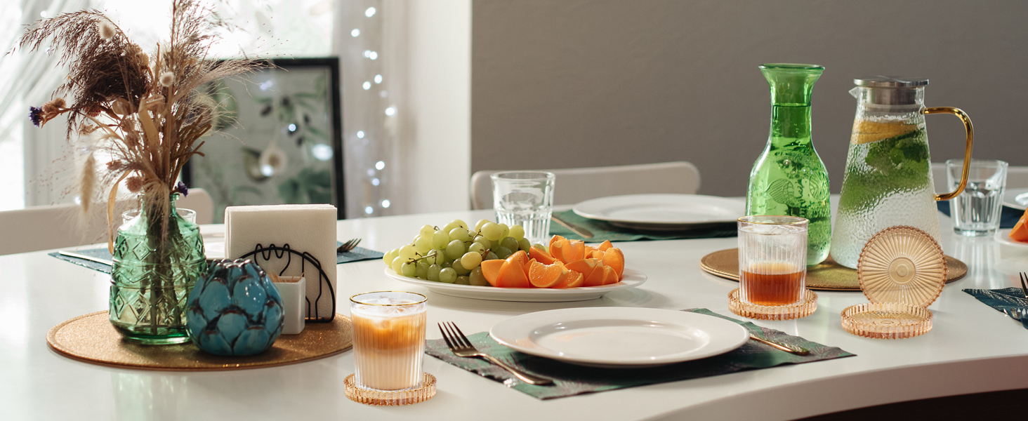 Round Modern Clear Coasters Set of 4, VIBRATITE 4 Inch Glass Cup Coaster Modern Crystal Coasters for Drinks Coffee Office Bar Kitchen Home Wedding Party Decor (Amber)