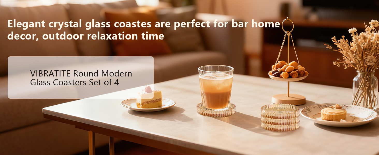 Round Modern Clear Coasters Set of 4, VIBRATITE 4 Inch Glass Cup Coaster Modern Crystal Coasters for Drinks Coffee Office Bar Kitchen Home Wedding Party Decor (Amber)