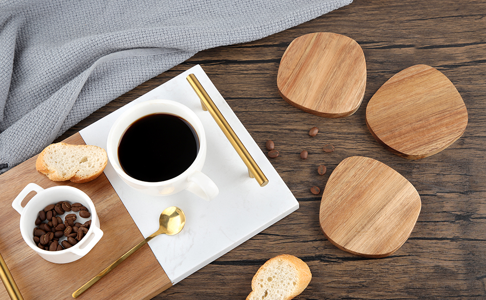 Acacia Wood Coasters Set of 4, 3.93 Inch Unique Shaped Non-Slip Wooden Coasters Without Holder for Wooden Coffee Table for Cups, Mugs, and Glasses