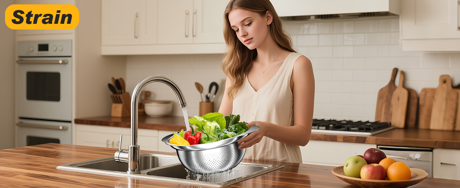 Colander, Stainless Steel Colander with Mixing Bowls (3.5QT), 3Pcs Strainer for Kitchen Gadget Food Strainer Basket with Handle, Colanders Bowl for Pasta Noodles Spaghetti Vegetables Fruit (3.5+3+2QT)