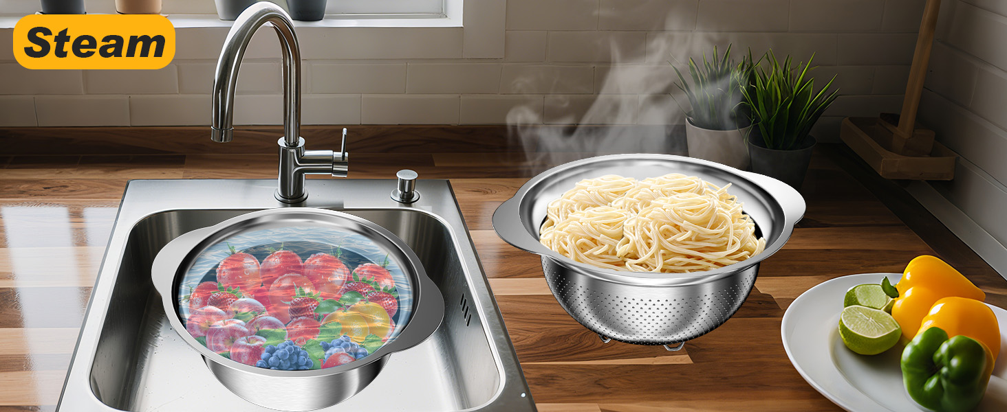 Colander, Stainless Steel Colander with Mixing Bowls (3.5QT), 3Pcs Strainer for Kitchen Gadget Food Strainer Basket with Handle, Colanders Bowl for Pasta Noodles Spaghetti Vegetables Fruit (3.5+3+2QT)