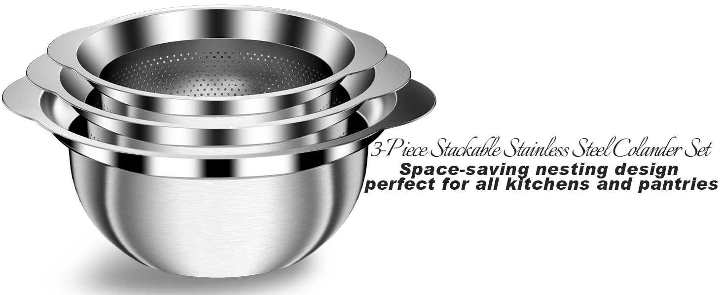 Colander, Stainless Steel Colander with Mixing Bowls (3.5QT), 3Pcs Strainer for Kitchen Gadget Food Strainer Basket with Handle, Colanders Bowl for Pasta Noodles Spaghetti Vegetables Fruit (3.5+3+2QT)