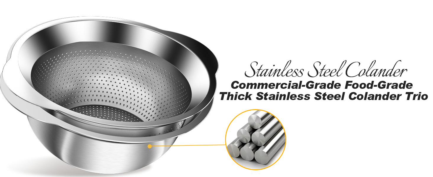 Colander, Stainless Steel Colander with Mixing Bowls (3.5QT), 3Pcs Strainer for Kitchen Gadget Food Strainer Basket with Handle, Colanders Bowl for Pasta Noodles Spaghetti Vegetables Fruit (3.5+3+2QT)