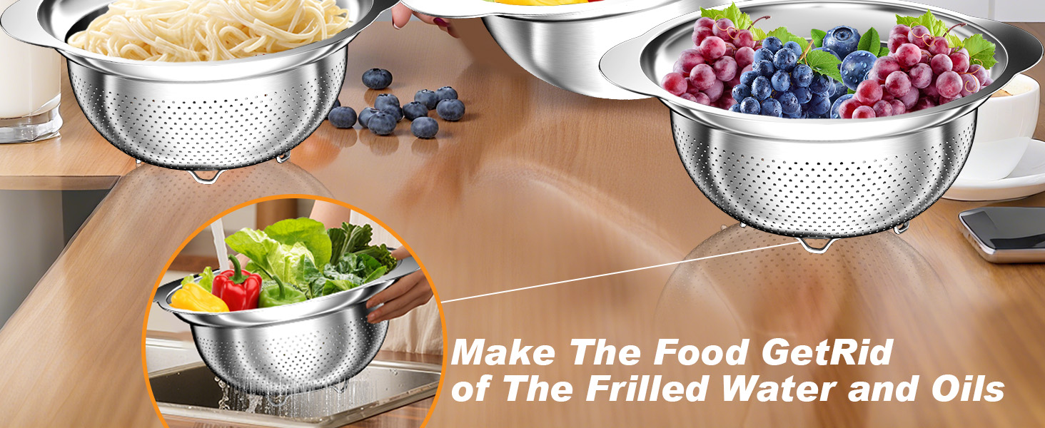 Colander, Stainless Steel Colander with Mixing Bowls (3.5QT), 3Pcs Strainer for Kitchen Gadget Food Strainer Basket with Handle, Colanders Bowl for Pasta Noodles Spaghetti Vegetables Fruit (3.5+3+2QT)