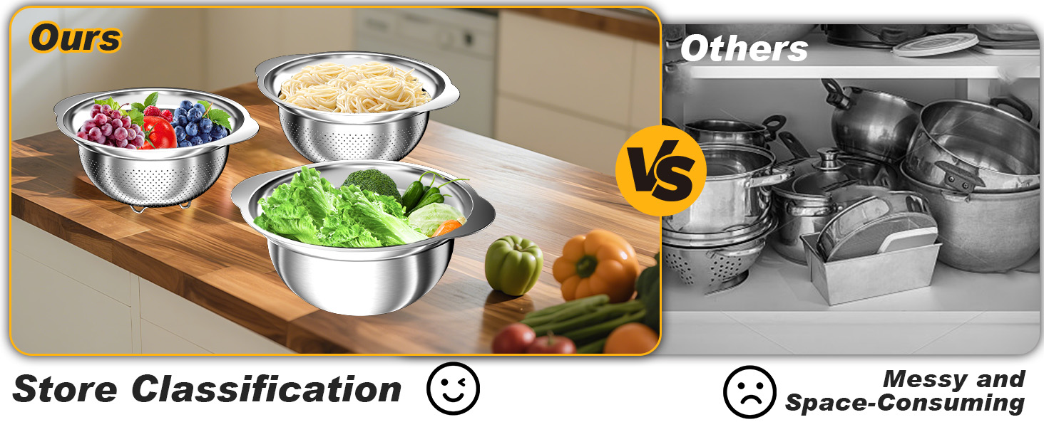 Colander, Stainless Steel Colander with Mixing Bowls (3.5QT), 3Pcs Strainer for Kitchen Gadget Food Strainer Basket with Handle, Colanders Bowl for Pasta Noodles Spaghetti Vegetables Fruit (3.5+3+2QT)