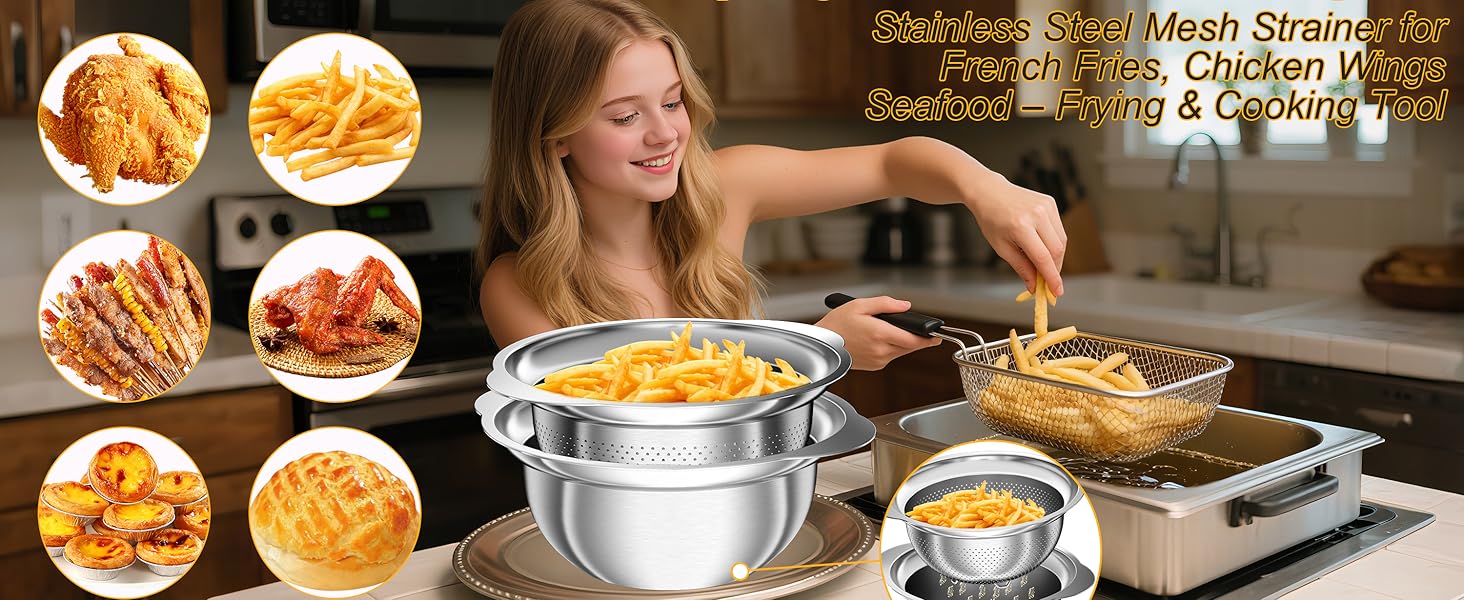 Colander, Stainless Steel Colander with Mixing Bowls (3.5QT), 3Pcs Strainer for Kitchen Gadget Food Strainer Basket with Handle, Colanders Bowl for Pasta Noodles Spaghetti Vegetables Fruit (3.5+3+2QT)