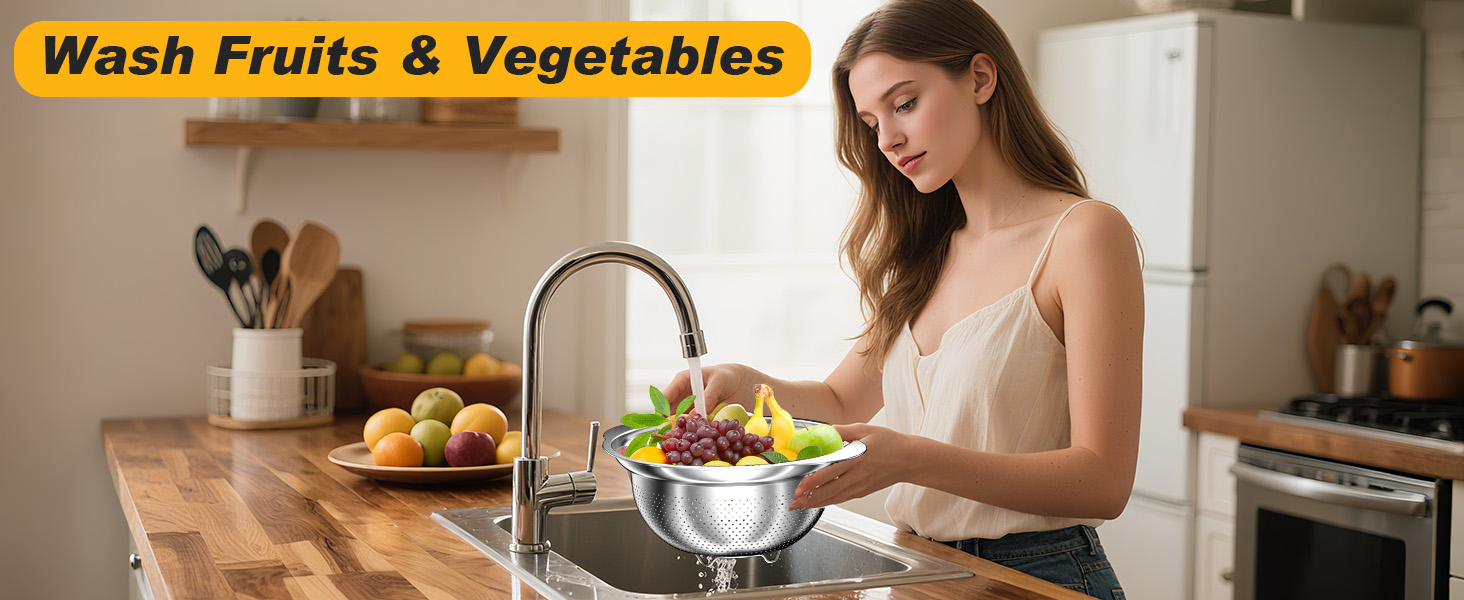 Colander, Stainless Steel Colander with Mixing Bowls (3.5QT), 3Pcs Strainer for Kitchen Gadget Food Strainer Basket with Handle, Colanders Bowl for Pasta Noodles Spaghetti Vegetables Fruit (3.5+3+2QT)