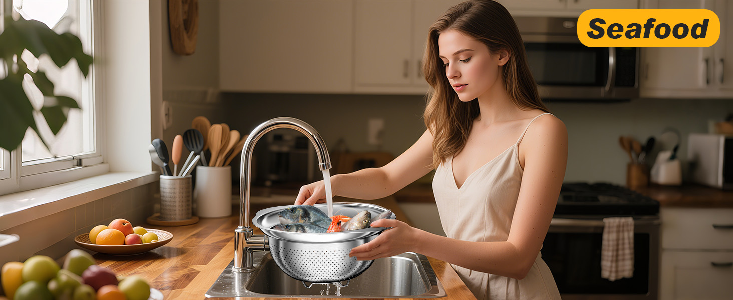 Colander, Stainless Steel Colander with Mixing Bowls (3.5QT), 3Pcs Strainer for Kitchen Gadget Food Strainer Basket with Handle, Colanders Bowl for Pasta Noodles Spaghetti Vegetables Fruit (3.5+3+2QT)
