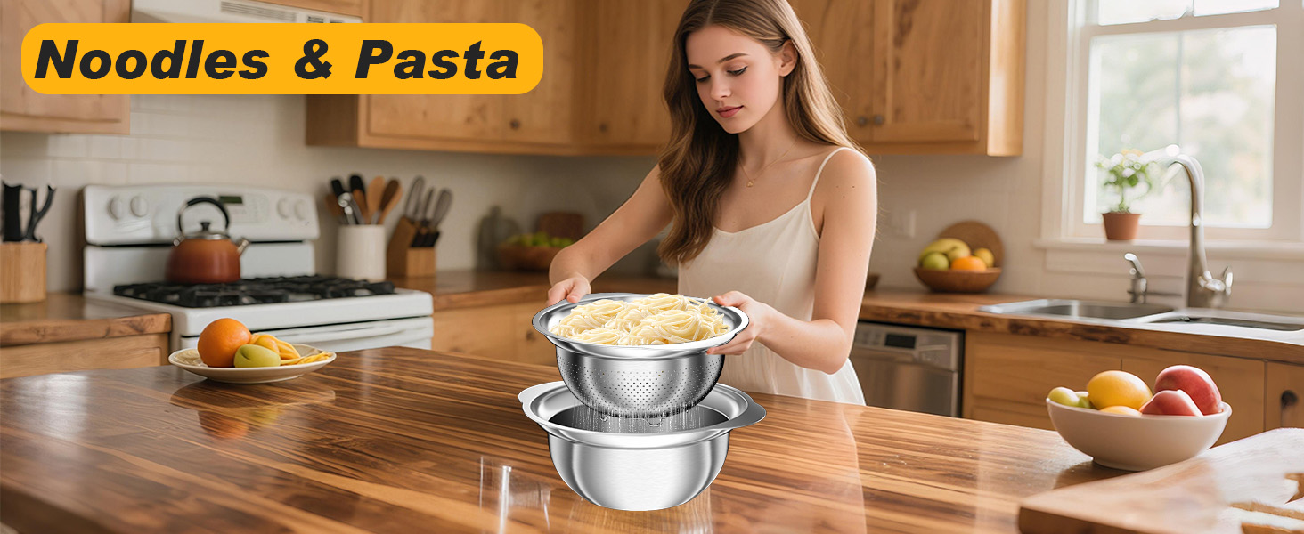 Colander, Stainless Steel Colander with Mixing Bowls (3.5QT), 3Pcs Strainer for Kitchen Gadget Food Strainer Basket with Handle, Colanders Bowl for Pasta Noodles Spaghetti Vegetables Fruit (3.5+3+2QT)