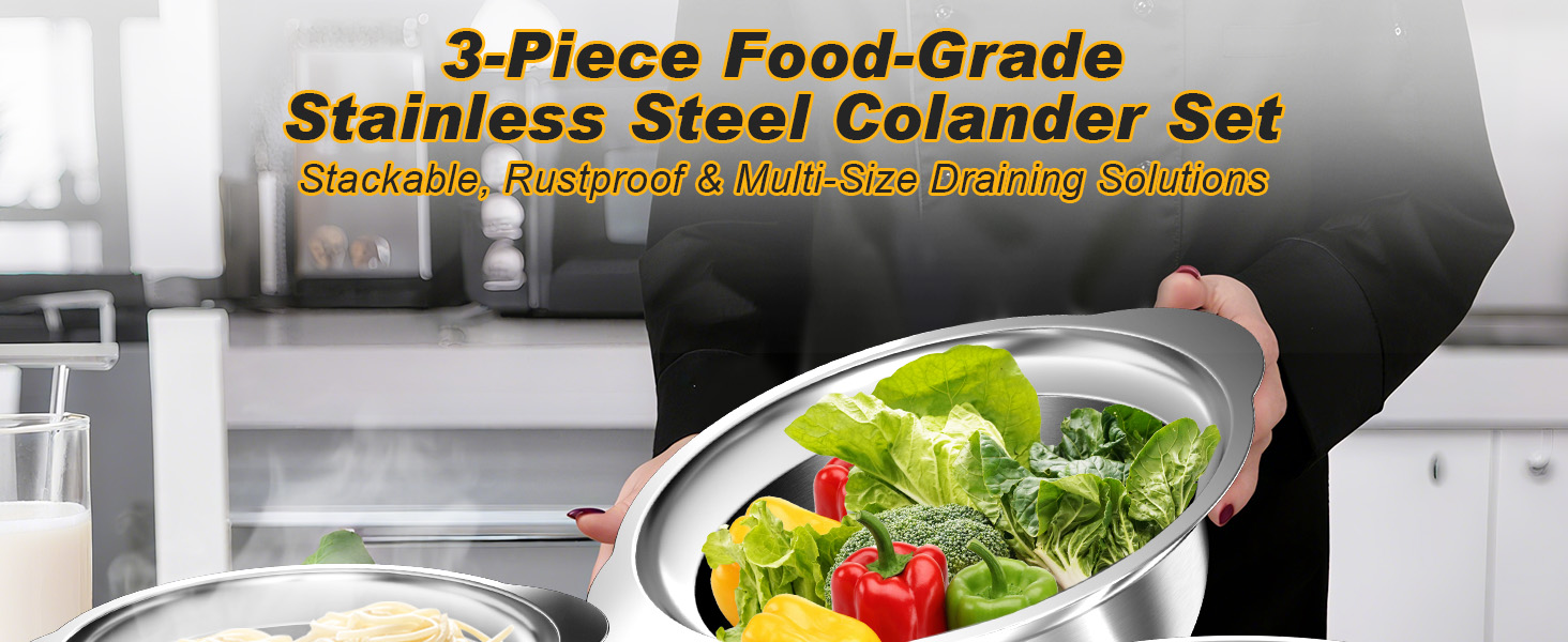 Colander, Stainless Steel Colander with Mixing Bowls (3.5QT), 3Pcs Strainer for Kitchen Gadget Food Strainer Basket with Handle, Colanders Bowl for Pasta Noodles Spaghetti Vegetables Fruit (3.5+3+2QT)