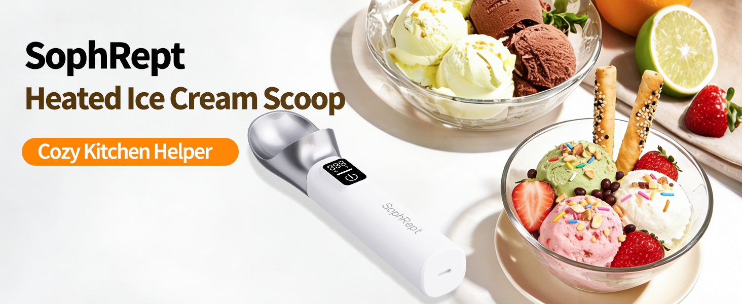 Heated Ice Cream Scoop Rechargeable, 5000mAh, 20W Fast Charging, 30s Heat Up, 158°F Electric Self-Warming Scooper for Hard Frozen Desserts, IP67 Waterproof, Auto Shut-Off