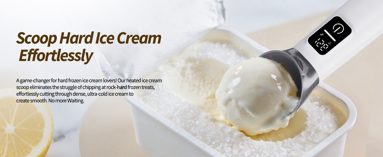 Heated Ice Cream Scoop Rechargeable, 5000mAh, 20W Fast Charging, 30s Heat Up, 158°F Electric Self-Warming Scooper for Hard Frozen Desserts, IP67 Waterproof, Auto Shut-Off