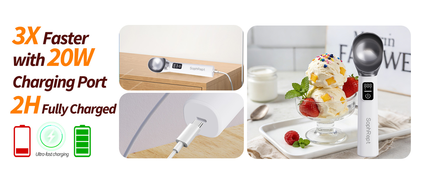 Heated Ice Cream Scoop Rechargeable, 5000mAh, 20W Fast Charging, 30s Heat Up, 158°F Electric Self-Warming Scooper for Hard Frozen Desserts, IP67 Waterproof, Auto Shut-Off