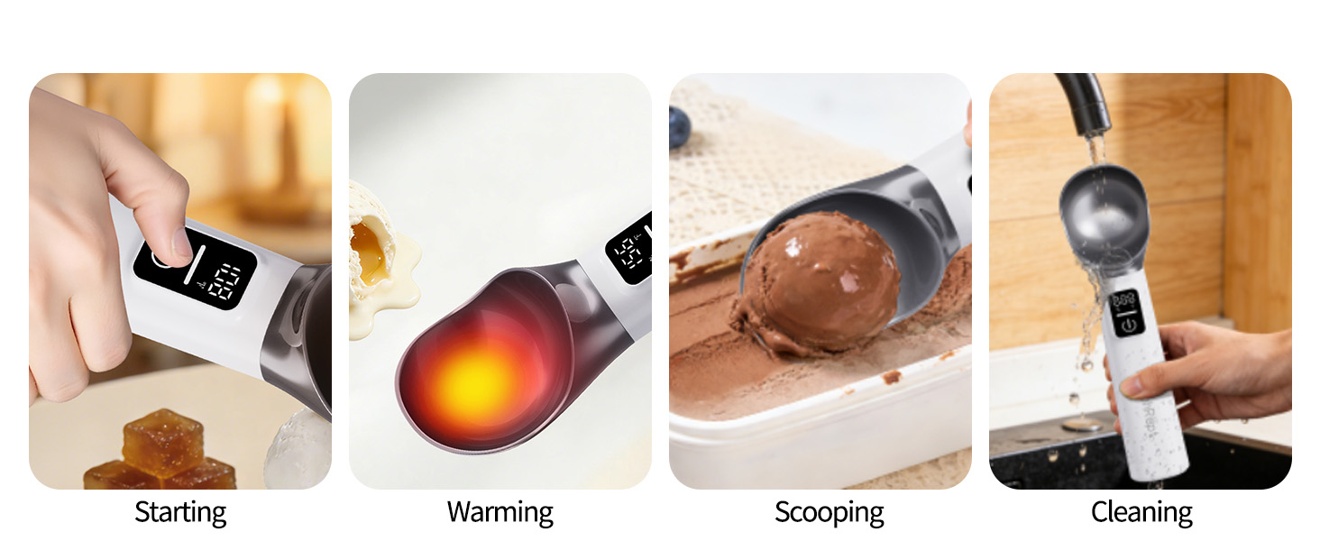 Heated Ice Cream Scoop Rechargeable, 5000mAh, 20W Fast Charging, 30s Heat Up, 158°F Electric Self-Warming Scooper for Hard Frozen Desserts, IP67 Waterproof, Auto Shut-Off
