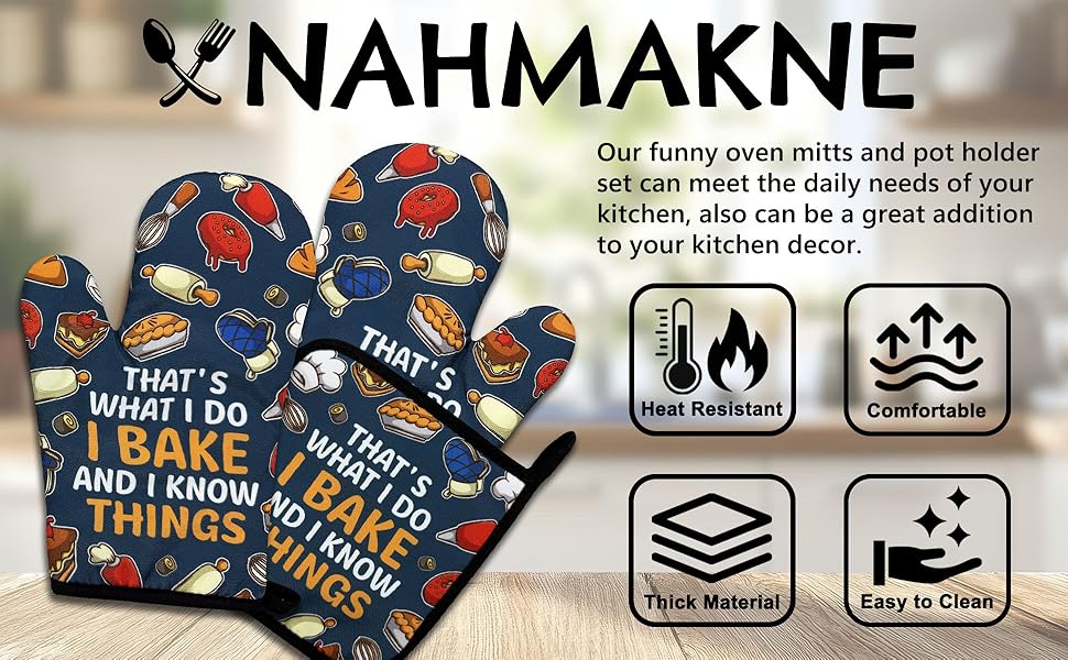 Funny Baking Oven Mitts and Pot Holders Set of 3, That's What I Do I Bake and I Know Things, Heat Resistant Non-Slip Kitchen Mitts Hot Pads, Christmas Baking Gifts for Women Mom Wife Baker