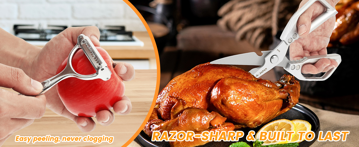3Pcs Kitchen Shears and Vegetable Peeler Set, Heavy Duty Poultry Shears, Japanese Kitchen Scissors All Purpose, Food Cooking Scissors for Meat, Chicken Bones, Turkey, and Fish, Dishwasher Safe
