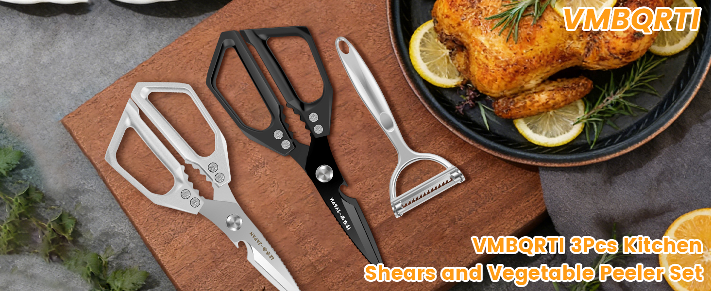 3Pcs Kitchen Shears and Vegetable Peeler Set, Heavy Duty Poultry Shears, Japanese Kitchen Scissors All Purpose, Food Cooking Scissors for Meat, Chicken Bones, Turkey, and Fish, Dishwasher Safe