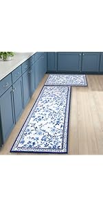 2 Pcs Blue and White Chinoiserie Kitchen Mat Floral Rugs Washable Cute Aesthetic Soft Mats Non-Slip for Kitchen Party Seasonal Home Entrance Decor