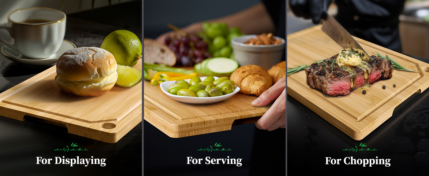 Kitchen Cutting Board Set - 3-Piece Wooden Cutting Boards for Kitchen with Juice Groove, Handles, Hang Holes, Stylish Kitchen Essentials for Chpping & Serving, Natural, 0.4"Th - (L+M+S)