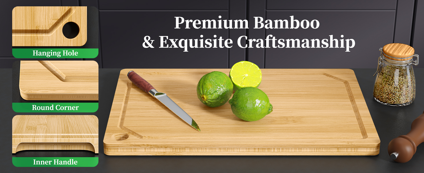 Kitchen Cutting Board Set - 3-Piece Wooden Cutting Boards for Kitchen with Juice Groove, Handles, Hang Holes, Stylish Kitchen Essentials for Chpping & Serving, Natural, 0.4"Th - (L+M+S)