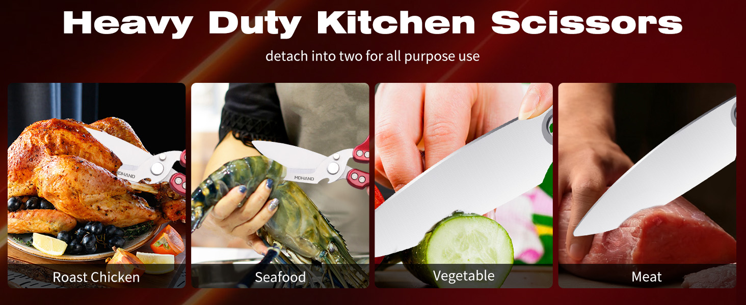 MDHAND Kitchen Shears - Heavy Duty Poultry Shears for Chicken Turkey Fish Fruit Vegetables and Meat Cutting - Stainless Steel Dishwasher Safe Food Kitchen Scissors with Anti-Slip Handle & Safety Lock