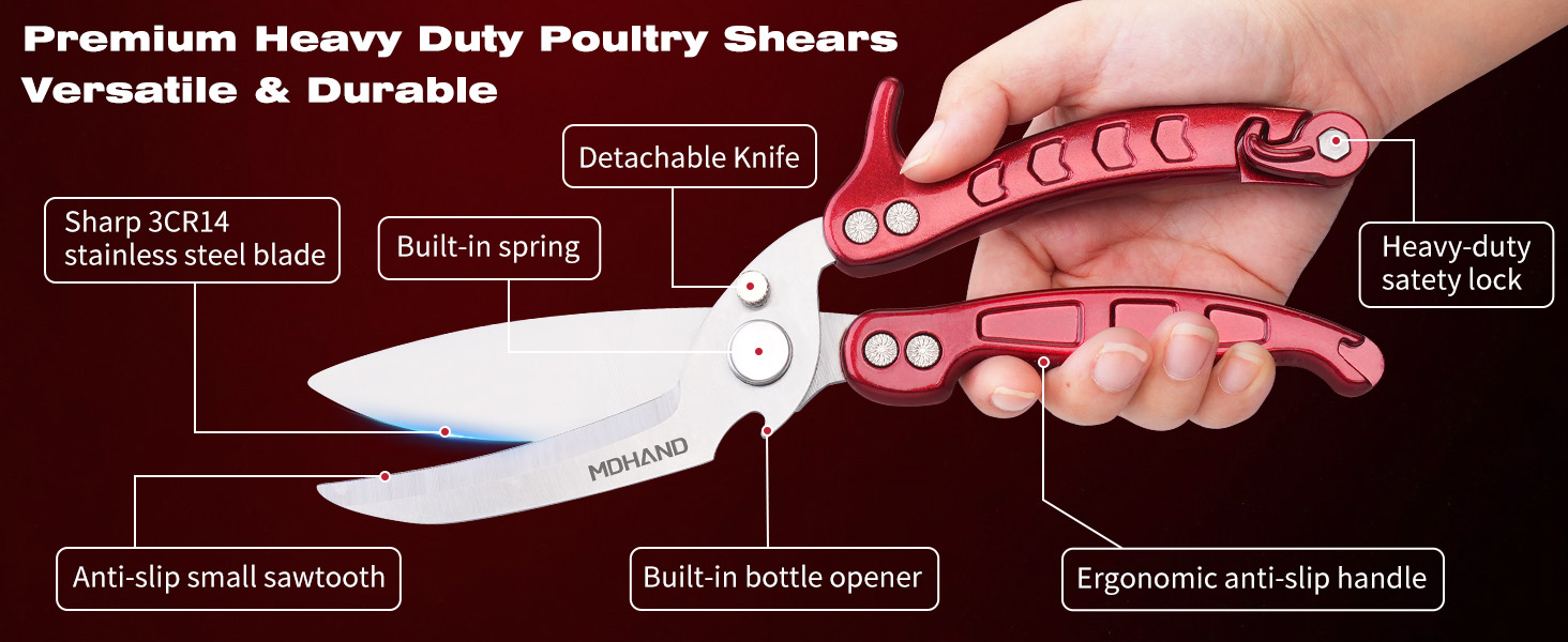 MDHAND Kitchen Shears - Heavy Duty Poultry Shears for Chicken Turkey Fish Fruit Vegetables and Meat Cutting - Stainless Steel Dishwasher Safe Food Kitchen Scissors with Anti-Slip Handle & Safety Lock