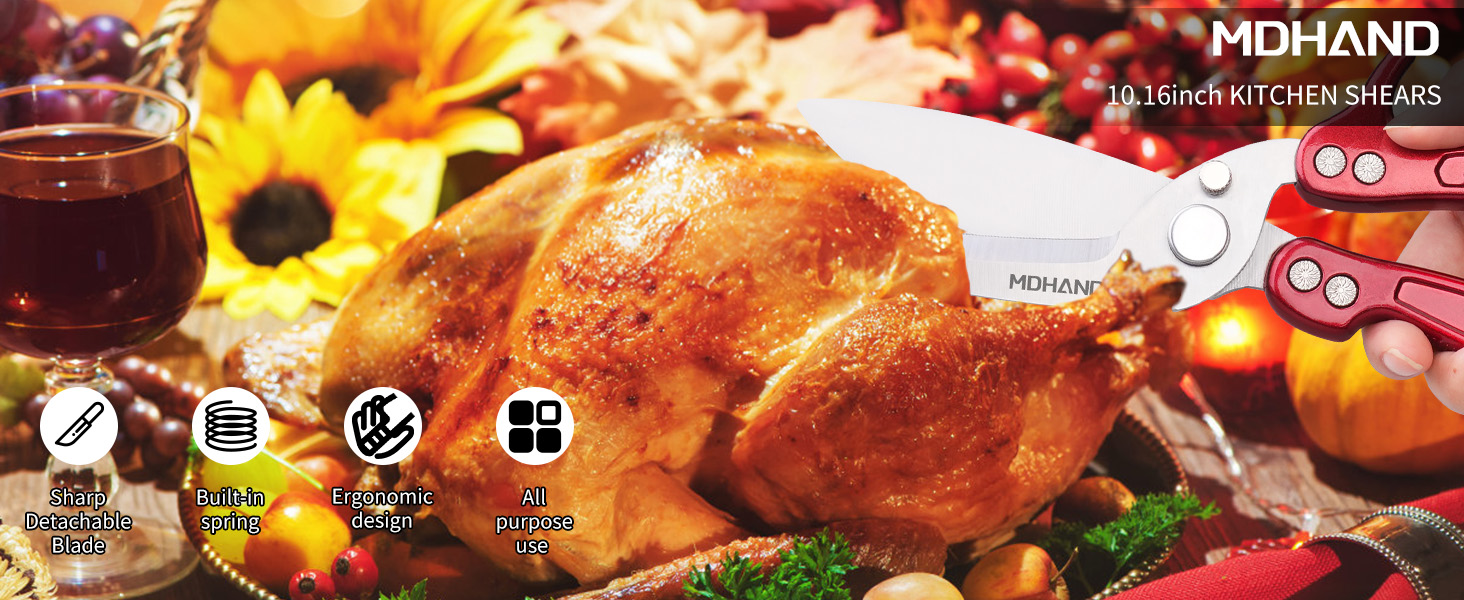 MDHAND Kitchen Shears - Heavy Duty Poultry Shears for Chicken Turkey Fish Fruit Vegetables and Meat Cutting - Stainless Steel Dishwasher Safe Food Kitchen Scissors with Anti-Slip Handle & Safety Lock