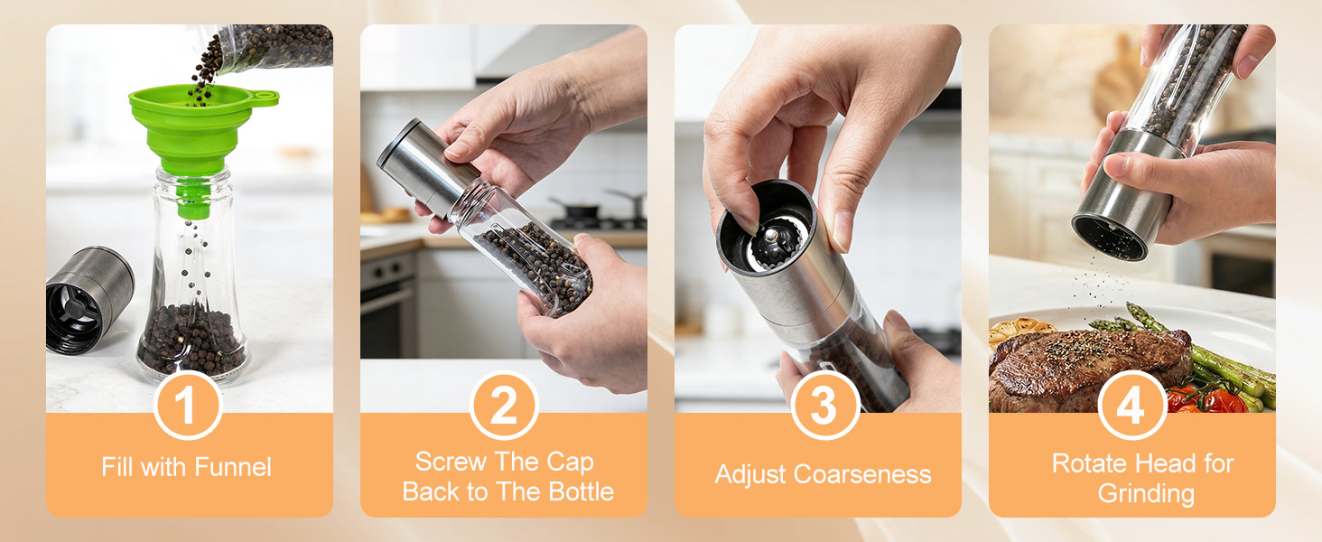 Aelga Salt and Pepper Grinder Set with Silicone Funnel - 4oz Glass Manual Mills with Adjustable Ceramic Core, Refillable Kitchen Gadgets, Modern Tabletop Gift Set