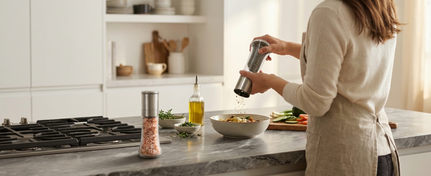 Aelga Salt and Pepper Grinder Set with Silicone Funnel - 4oz Glass Manual Mills with Adjustable Ceramic Core, Refillable Kitchen Gadgets, Modern Tabletop Gift Set