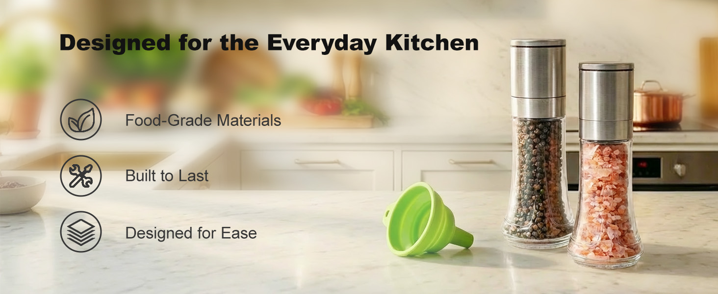 Aelga Salt and Pepper Grinder Set with Silicone Funnel - 4oz Glass Manual Mills with Adjustable Ceramic Core, Refillable Kitchen Gadgets, Modern Tabletop Gift Set