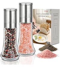 Aelga Salt and Pepper Grinder Set with Silicone Funnel - 4oz Glass Manual Mills with Adjustable Ceramic Core, Refillable Kitchen Gadgets, Modern Tabletop Gift Set