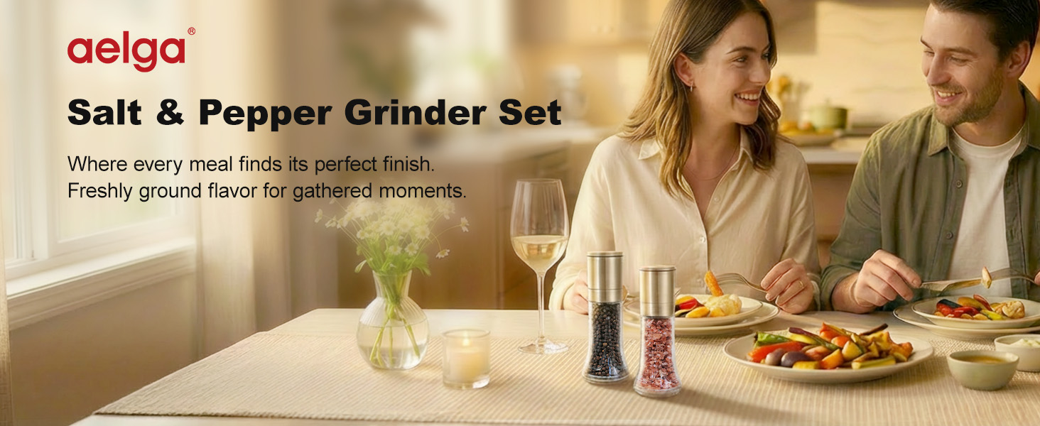Aelga Salt and Pepper Grinder Set with Silicone Funnel - 4oz Glass Manual Mills with Adjustable Ceramic Core, Refillable Kitchen Gadgets, Modern Tabletop Gift Set