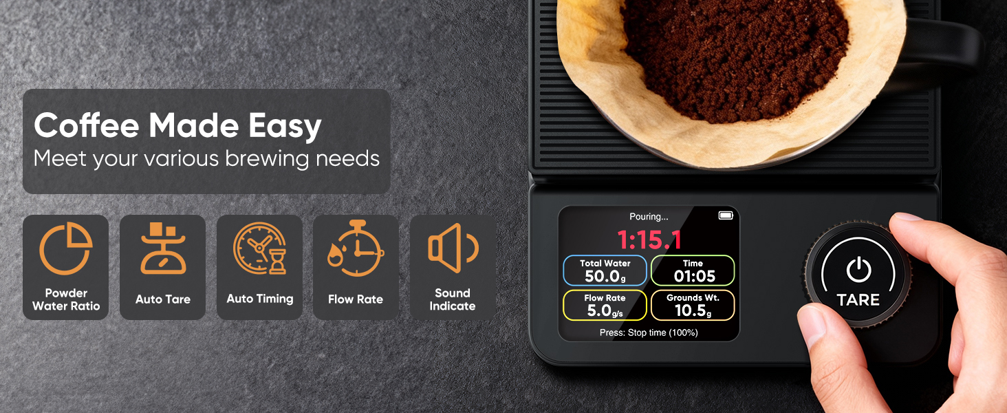 INSMART Coffee Scale with Timer, Bluetooth Espresso Scale with App Sync 5kg/0.1g High Precision, Large Color Display Digital Kitchen Scale, 5 Units & 3 Brew Modes for Pour-Ove, Espresso, Kitchen