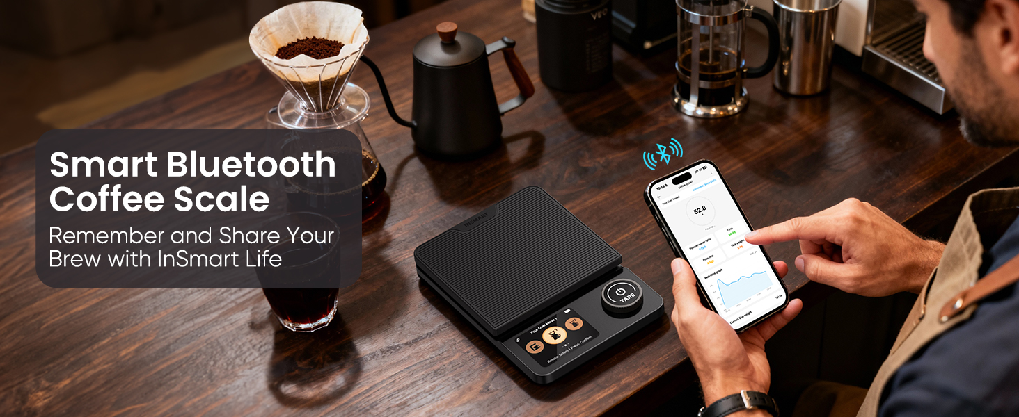 INSMART Coffee Scale with Timer, Bluetooth Espresso Scale with App Sync 5kg/0.1g High Precision, Large Color Display Digital Kitchen Scale, 5 Units & 3 Brew Modes for Pour-Ove, Espresso, Kitchen