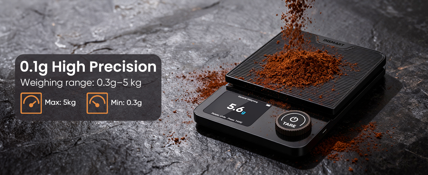 INSMART Coffee Scale with Timer, Bluetooth Espresso Scale with App Sync 5kg/0.1g High Precision, Large Color Display Digital Kitchen Scale, 5 Units & 3 Brew Modes for Pour-Ove, Espresso, Kitchen