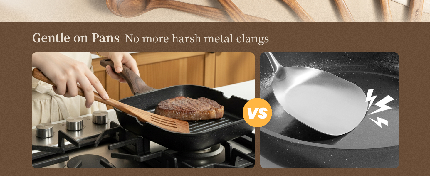 Kikcoin Wood Kitchen Utensils Set, 10 PCS Solid Teak Wooden Spoons for Cooking with Long Handle Heat-Resistant Wooden Cooking Utensils Set for Non-stick Cookware Including Hanging Hole