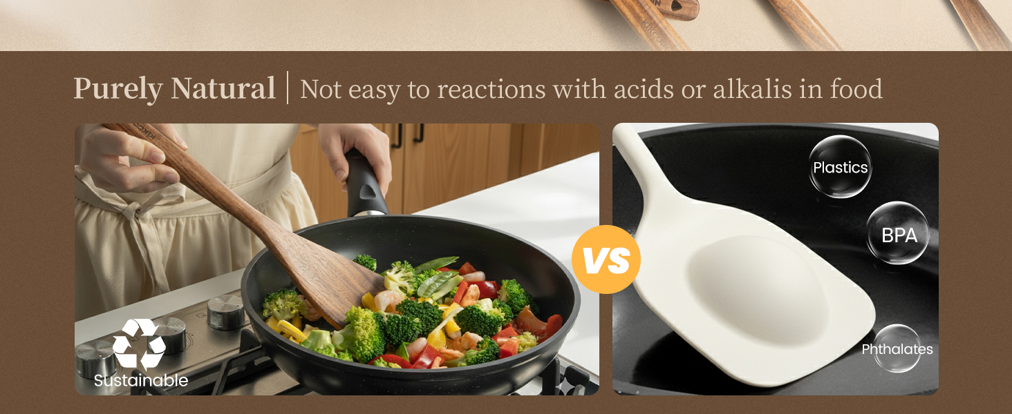 Kikcoin Wood Kitchen Utensils Set, 10 PCS Solid Teak Wooden Spoons for Cooking with Long Handle Heat-Resistant Wooden Cooking Utensils Set for Non-stick Cookware Including Hanging Hole