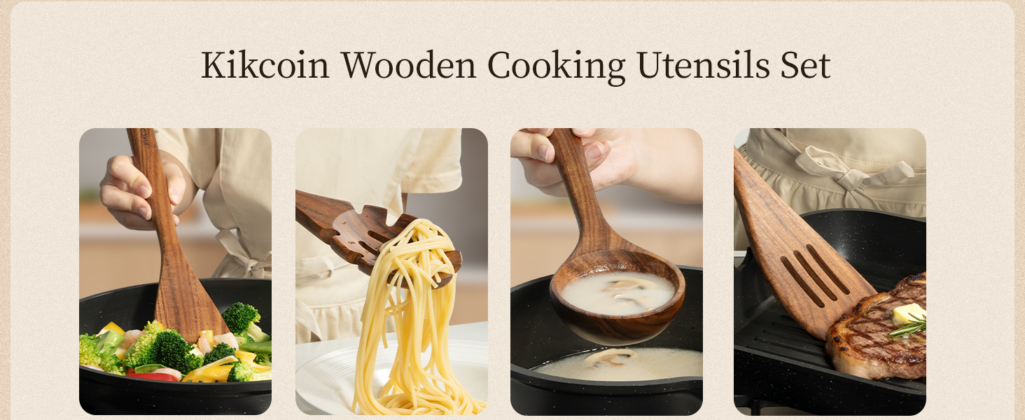 Kikcoin Wood Kitchen Utensils Set, 10 PCS Solid Teak Wooden Spoons for Cooking with Long Handle Heat-Resistant Wooden Cooking Utensils Set for Non-stick Cookware Including Hanging Hole