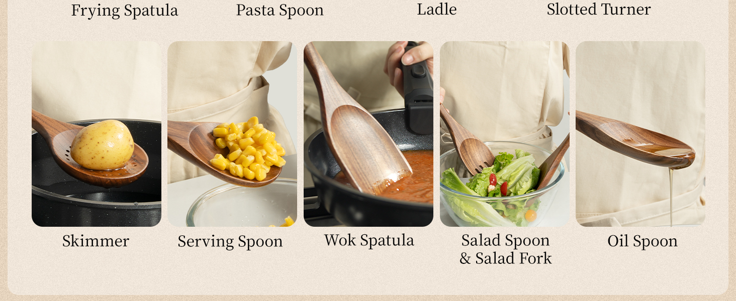 Kikcoin Wood Kitchen Utensils Set, 10 PCS Solid Teak Wooden Spoons for Cooking with Long Handle Heat-Resistant Wooden Cooking Utensils Set for Non-stick Cookware Including Hanging Hole