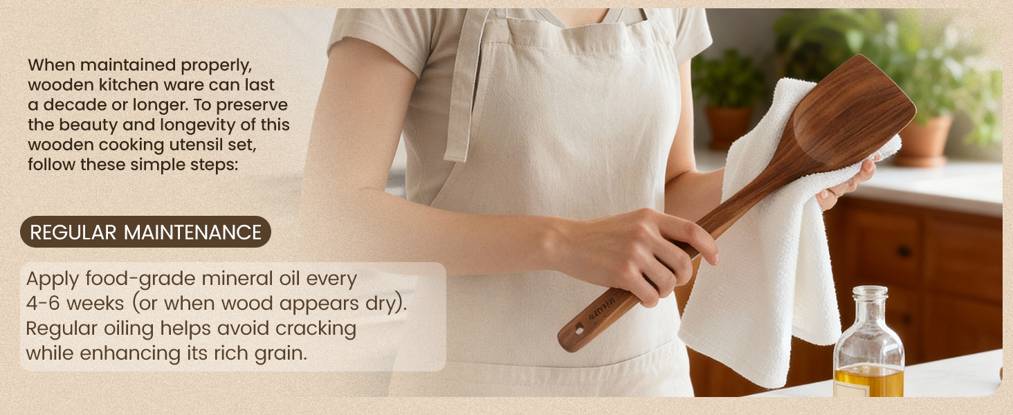 Kikcoin Wood Kitchen Utensils Set, 10 PCS Solid Teak Wooden Spoons for Cooking with Long Handle Heat-Resistant Wooden Cooking Utensils Set for Non-stick Cookware Including Hanging Hole