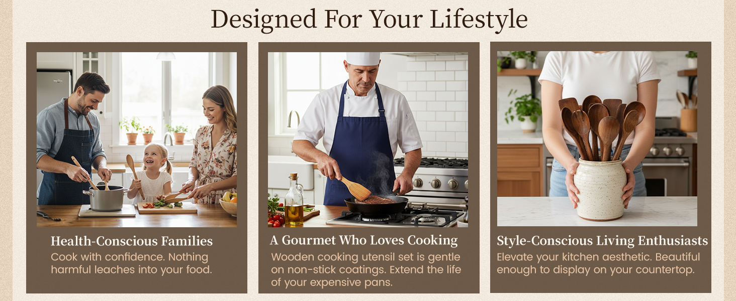 Kikcoin Wood Kitchen Utensils Set, 10 PCS Solid Teak Wooden Spoons for Cooking with Long Handle Heat-Resistant Wooden Cooking Utensils Set for Non-stick Cookware Including Hanging Hole