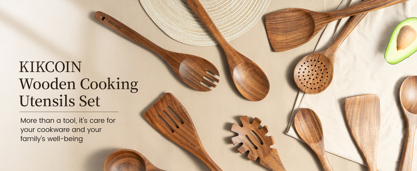 Kikcoin Wood Kitchen Utensils Set, 10 PCS Solid Teak Wooden Spoons for Cooking with Long Handle Heat-Resistant Wooden Cooking Utensils Set for Non-stick Cookware Including Hanging Hole