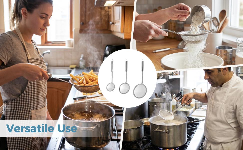 3 Pcs Fine Mesh Skimmer Spoons - Stainless Steel Hot Pot Fat Strainer for Oil Filter Skimming, Grease and Foam Removal, Multi-Functional Kitchen Cooking Mesh Strainer Ladle Set, 3 Sizes