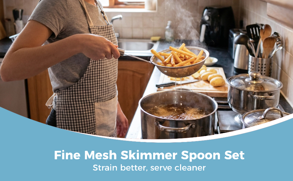 3 Pcs Fine Mesh Skimmer Spoons - Stainless Steel Hot Pot Fat Strainer for Oil Filter Skimming, Grease and Foam Removal, Multi-Functional Kitchen Cooking Mesh Strainer Ladle Set, 3 Sizes