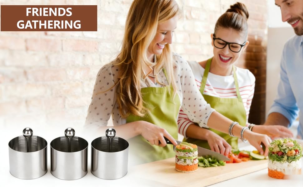 Set of 3 Stainless Steel Sushi Tower Mold, Round Mousse Cake Ring Molds with Pushers, Tuna Tartare Mold Ring for Home Kitchen Use