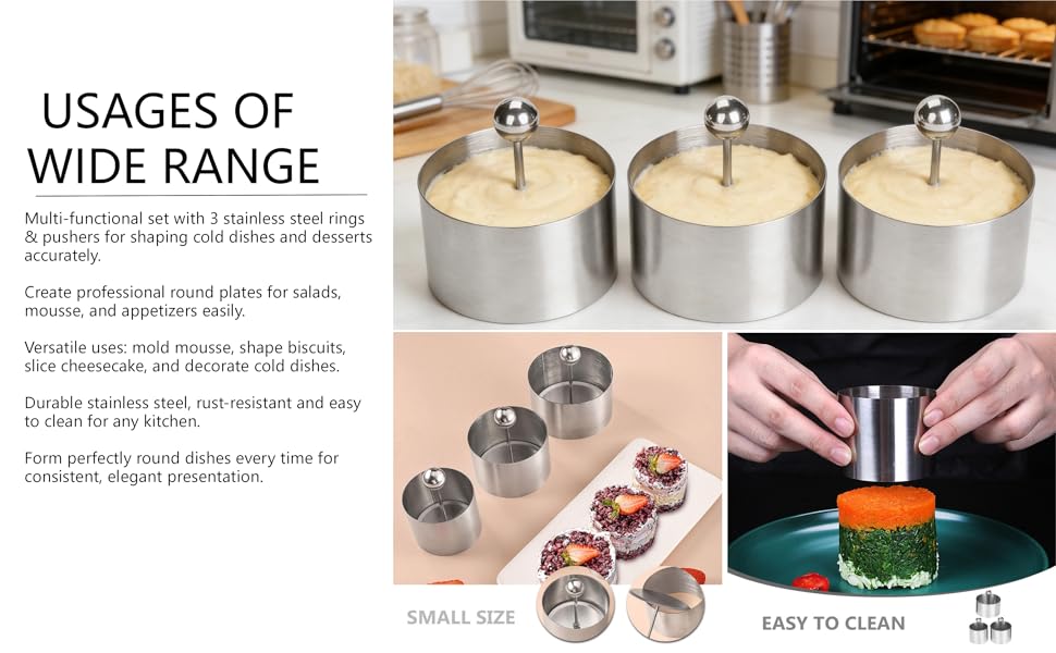 Set of 3 Stainless Steel Sushi Tower Mold, Round Mousse Cake Ring Molds with Pushers, Tuna Tartare Mold Ring for Home Kitchen Use